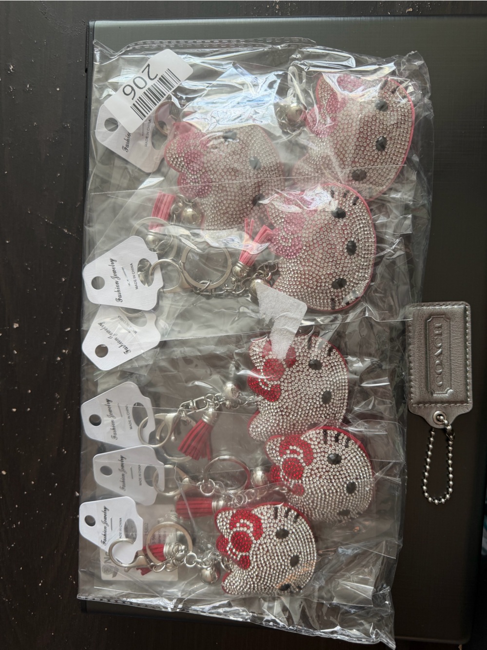 6 Hello Kitty Rhinestone Bling Key Chains New w/ XL Coach Tag 3 inches used